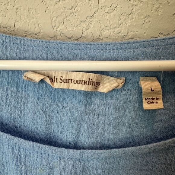 Soft Surroundings Blue 100% Gauzy Cotton Layered 3/4 Sleeve Blouse - Size L EUC - Picture 3 of 5